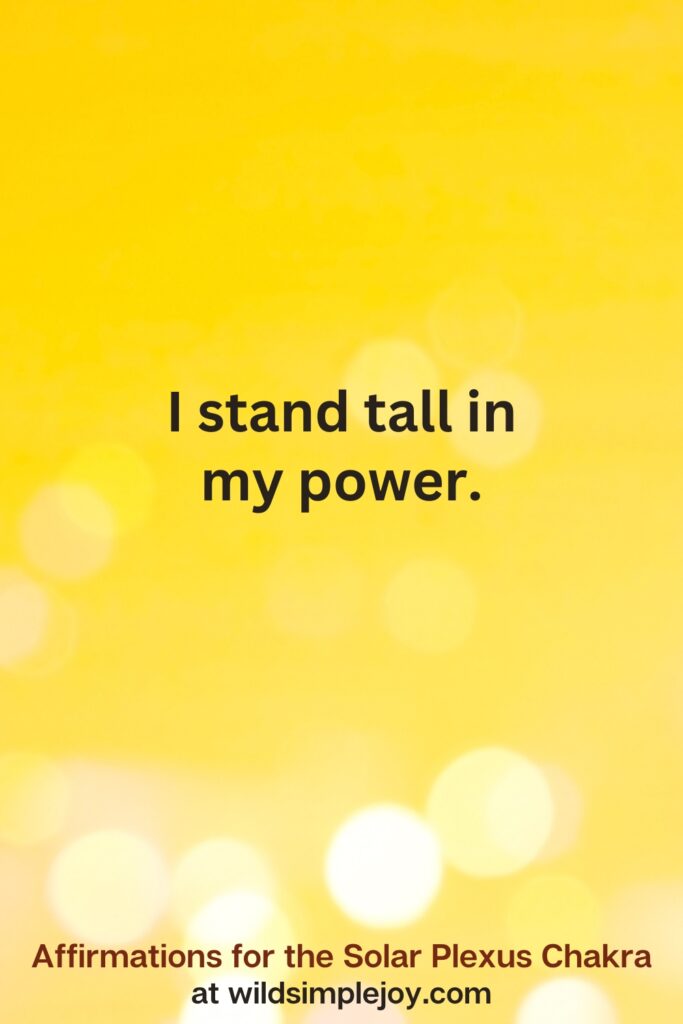 Vertical pin image with yellow background and text overlay that reads I stand tall in my power. Affirmations for the Solar Plexus Chakra at wildsimplejoy.com