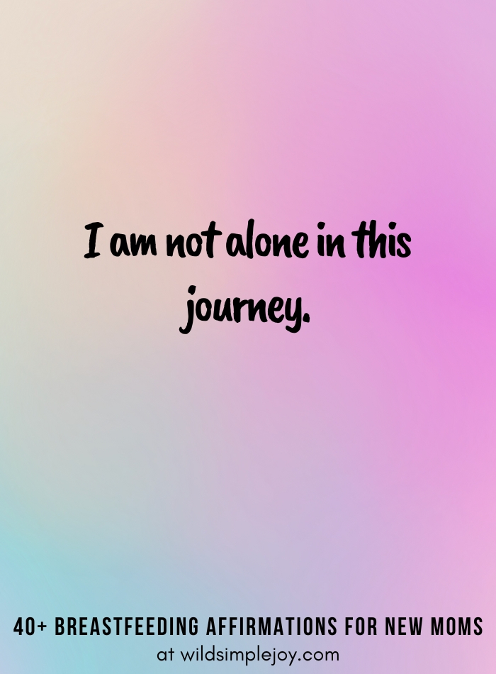 Vertical pin image on purple blue background and text overlay, I am not alone in this journey. 40+ Breastfeeding Affirmations for New Moms, at wildsimplejoy.com