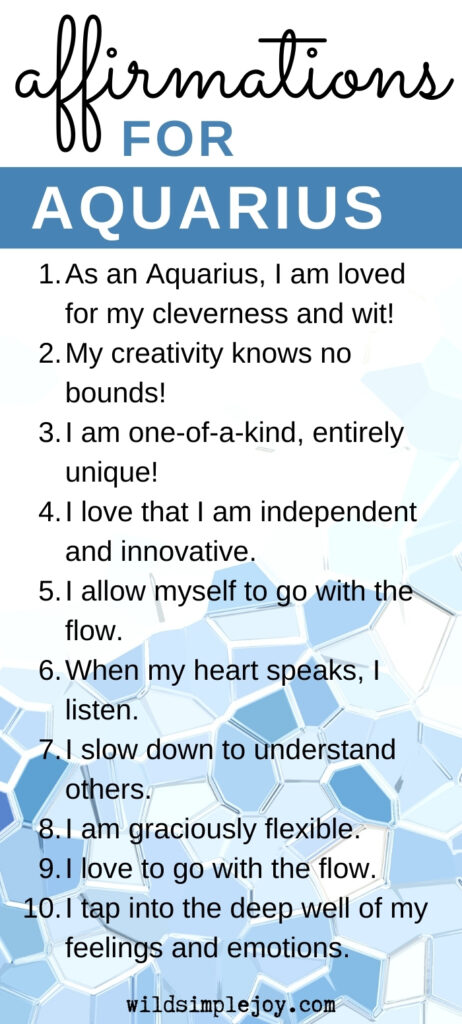 10 Affirmations for Aquarius Aquarians, Vertical Pinterest and Social Sharing image with 10 affirmations