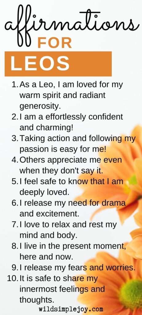 10 Affirmations for Leos, Vertical Pinterest and social sharing image with a list of 10 affirmations