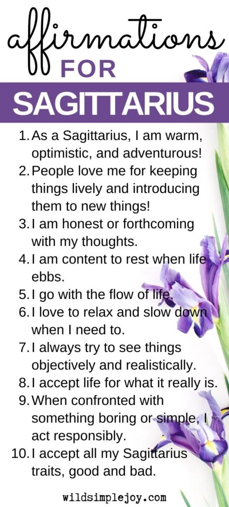 10 Affirmations for Sagittarius, Vertical Pinterest social sharing image with 10 affirmations