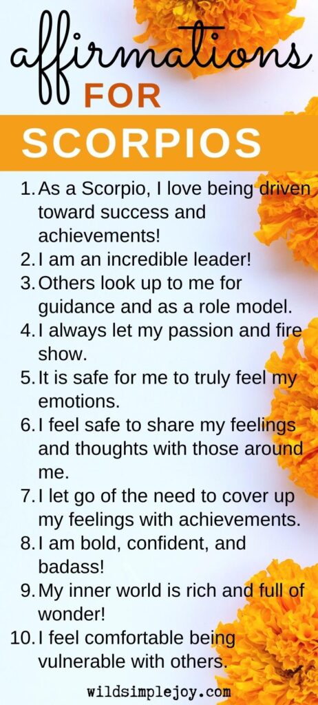 10 Affirmations for Scorpios, Vertical Pinterest Image with 10 affirmations listed