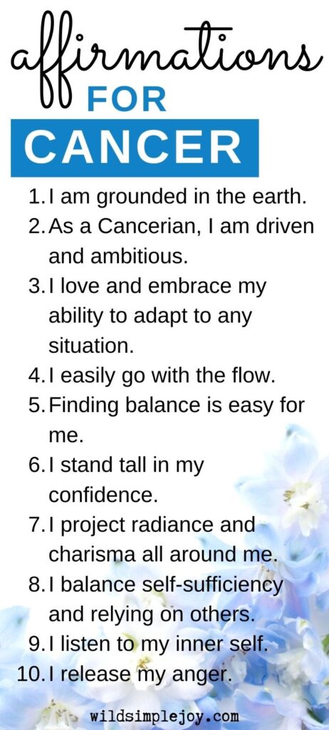 Affirmations for Cancers Cancerian Zodiac Sign, list of 10 affirmations, Vertical Pinterest and Social Sharing Image from Wild Simple Joy