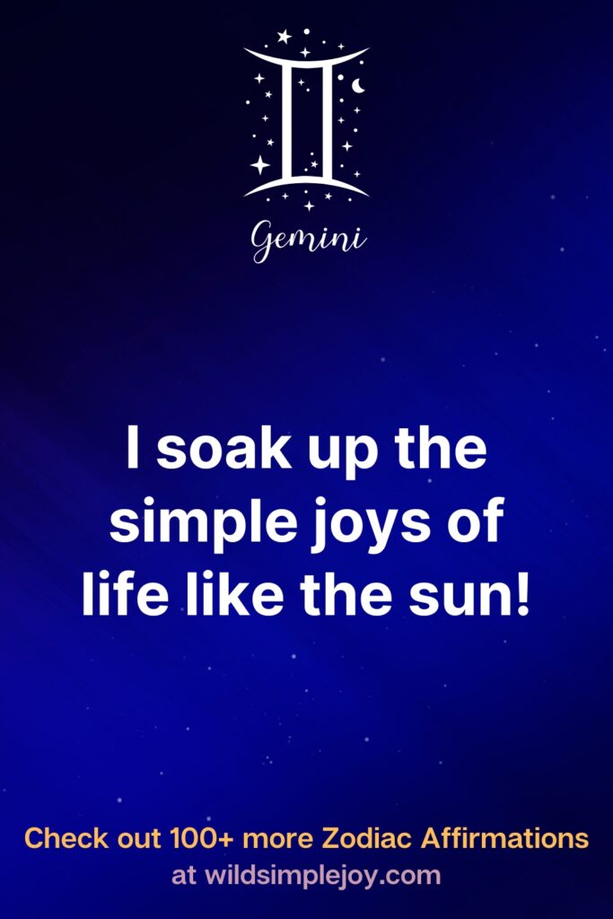 I soak up the simple joys of life like the sun! Gemini. Check out 100+ more Zodiac affirmations at wildsimplejoy.com