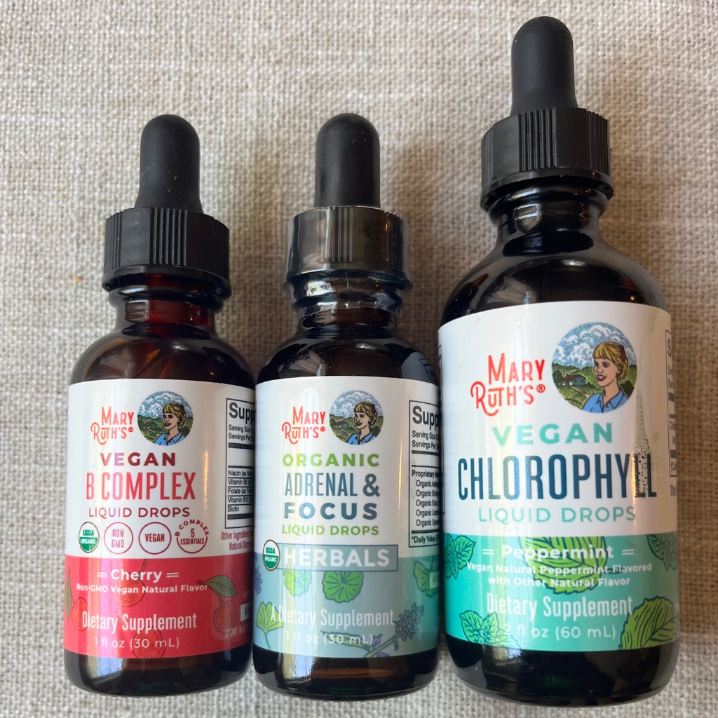 MaryRuth's drops products, Vitamin B, Adrenal and Focus, and Chlorophyll