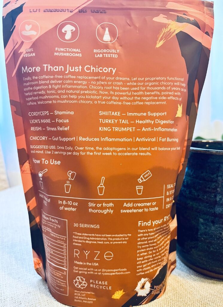 RYZE Chicory Mushroom Coffee back of product with nutritional information