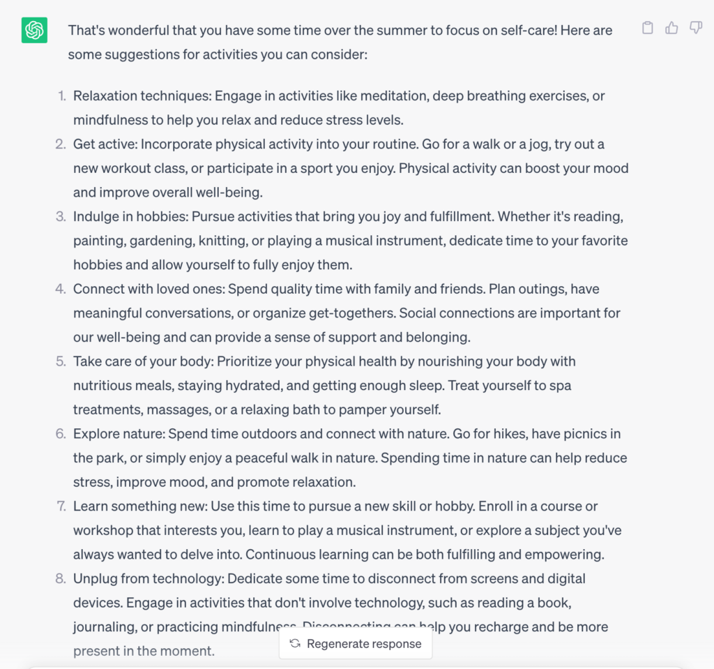 AI Generated response about self care over the summer