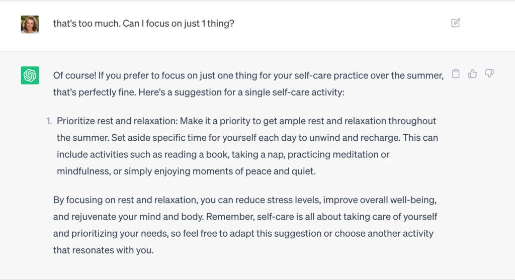 AI Prompt and response on ChatGPT about self care