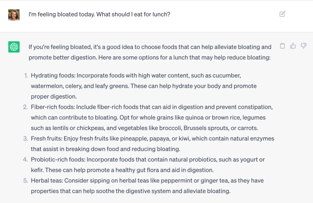 AI Prompt about bloating and what to eat for lunch. ChatGPT