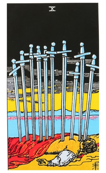 The Ten of Swords card illustration by Pamela Colman Smith