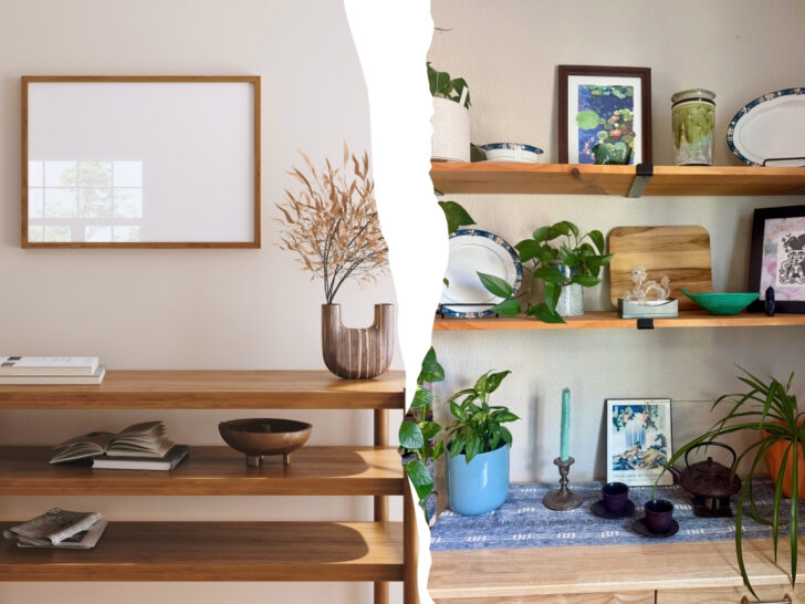 Split image of a beige minimalist shelf next to a colorful shelf with plants and artwork