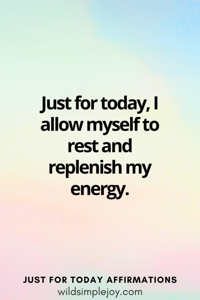 Vertical social media image with rainbow background and text overlay, I allow myself to rest. Just for today Affirmations wildsimplejoy.com
