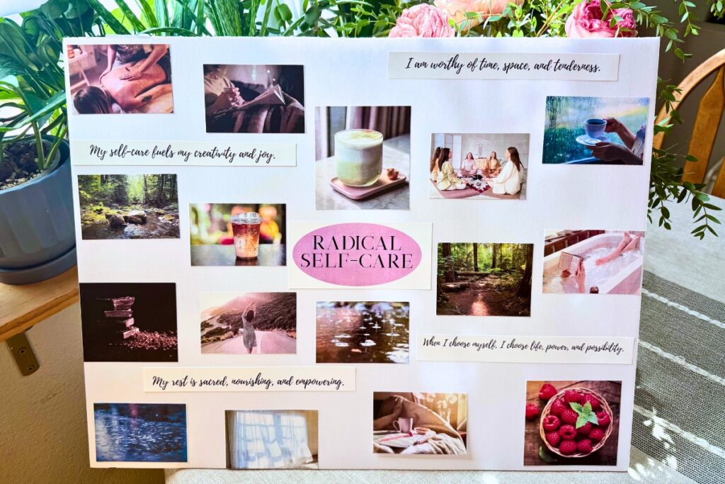 My self-care vision board for 2026 on a dining table with flowers and plants