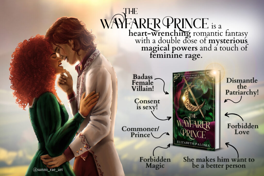 Promotional Image for the Wayfarer Prince book with artwork of couple, book cover, and tropes