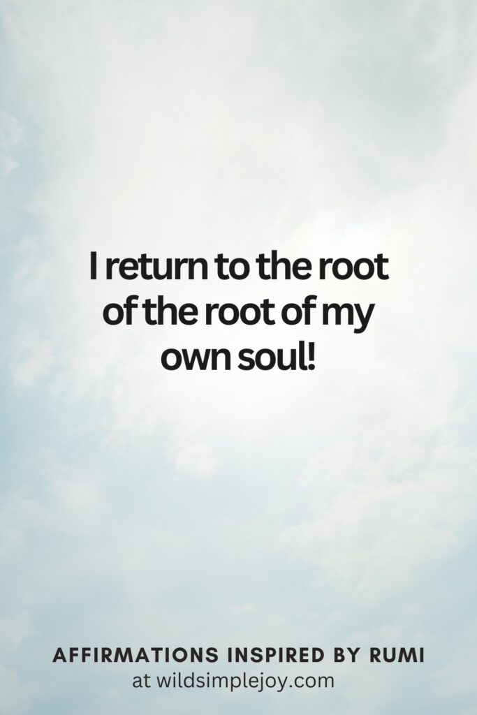 Vertical Social Media image with clouds and text overlay I return to the root of the root of my own soul. Affirmations Inspired by Rumi at wildsimplejoy.com