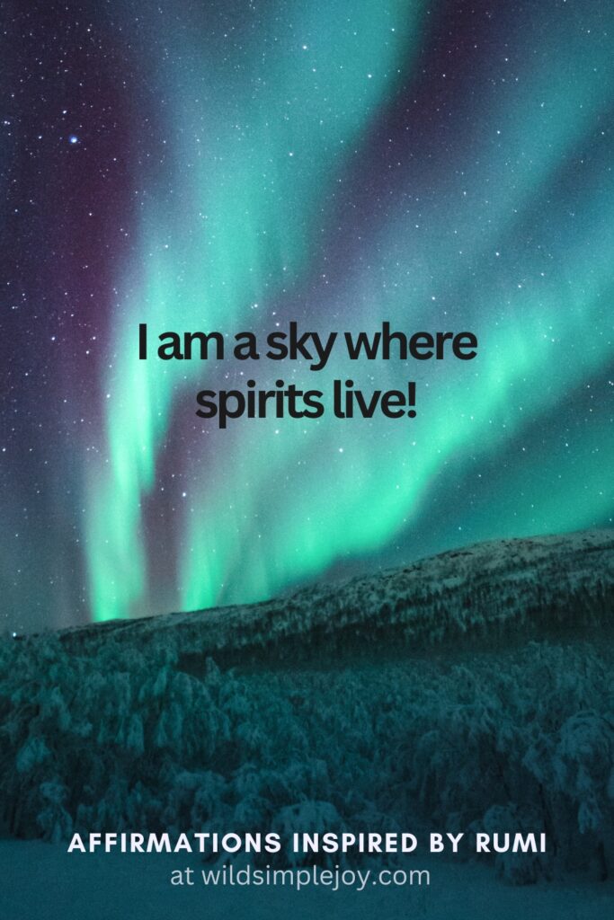 Vertical Social Media image with northern lights and text overlay I am a sky where spirits live! Affirmations Inspired by Rumi at wildsimplejoy.com