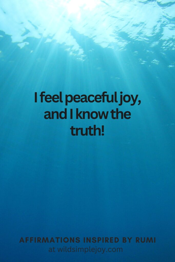 Vertical Social Media image with ocean and light and text overlay I feel peaceful joy, and I know the truth! Affirmations Inspired by Rumi at wildsimplejoy.com