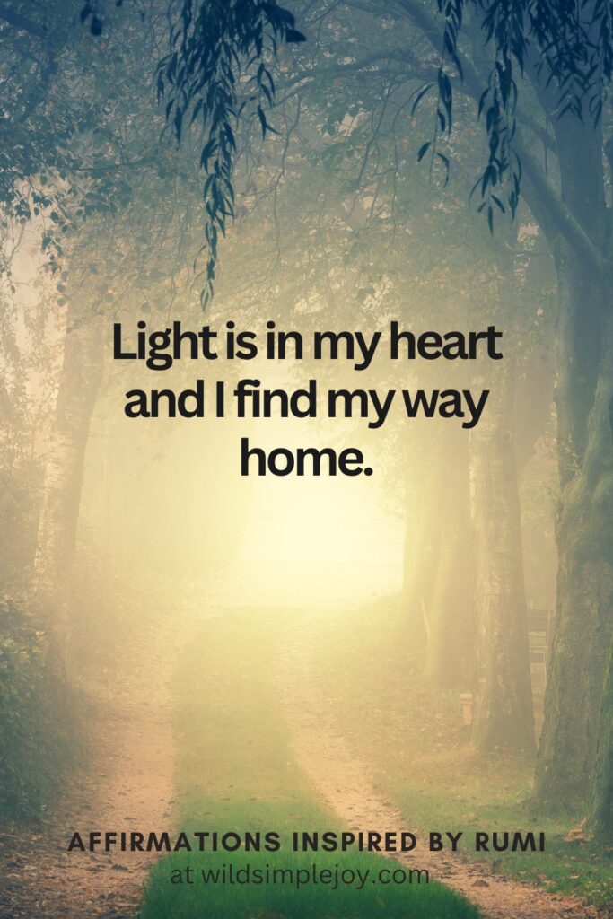 Vertical Social Media image with path through forest and text overlay Light is in my heart and I find my way home. Affirmations Inspired by Rumi at wildsimplejoy.com